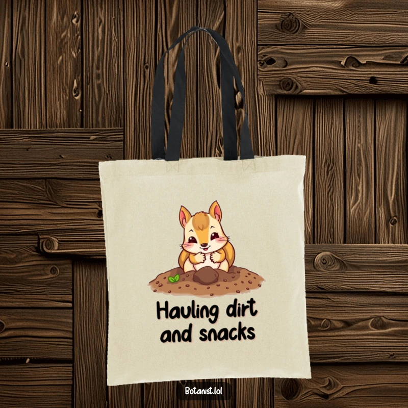Funny squirrel gardener tote bag with a curious squirrel in gloves digging enthusiastically in soil, perfect for carrying items.